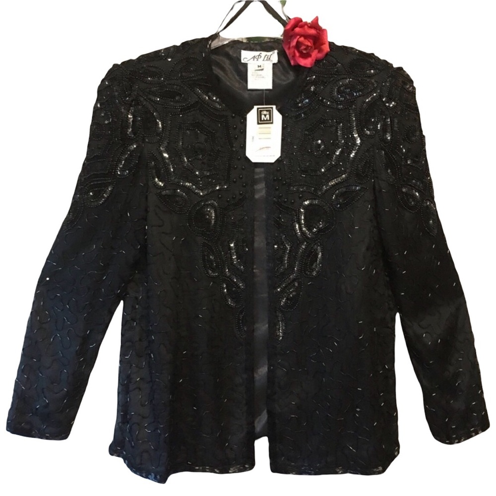 Vtg Formal Handmade All Over Beaded Black Lined Jacket Open front AP Ltd…